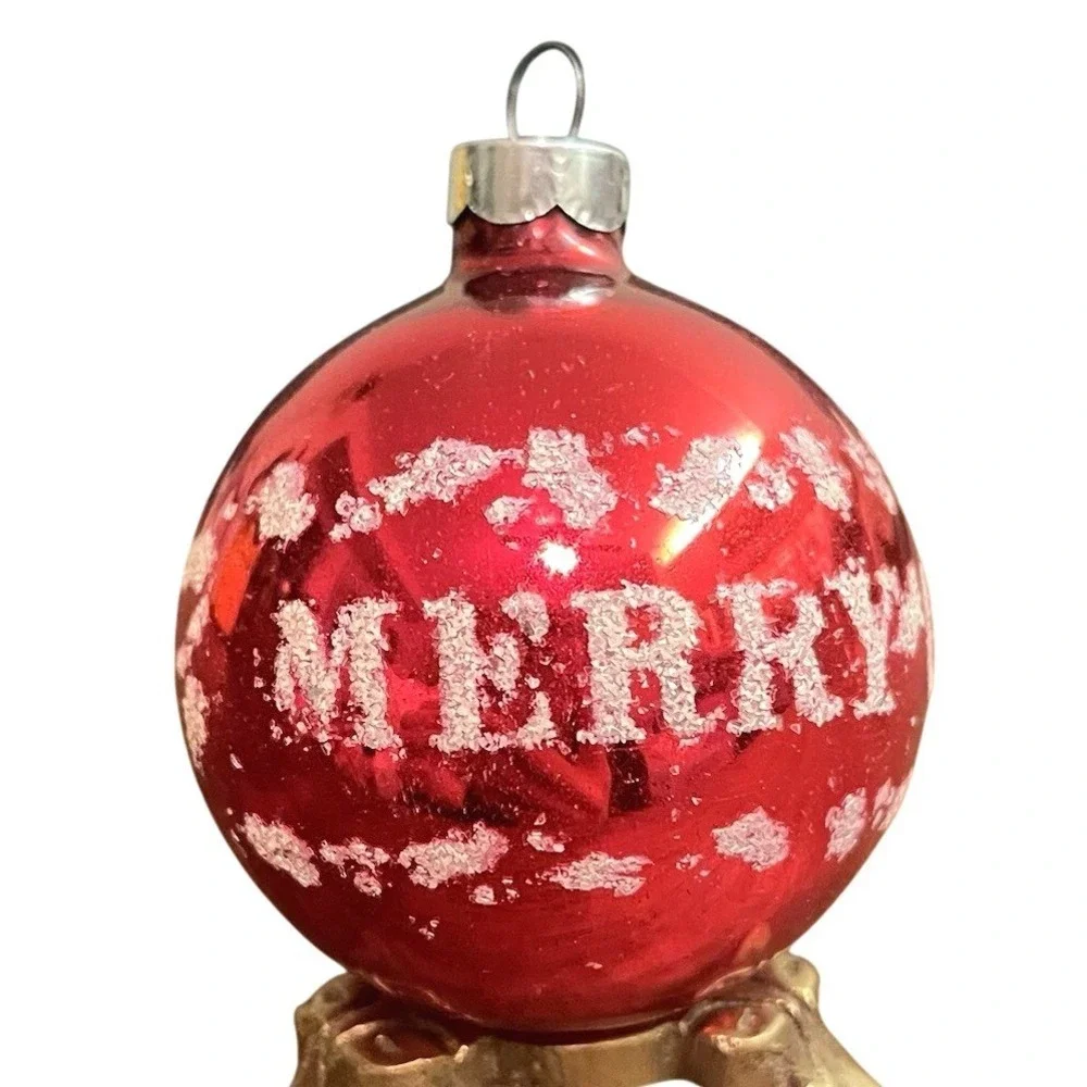 Vtg 1960 Shiny Brite Mercury Glass Merry Christmas Stencil Red Ornament 2.5